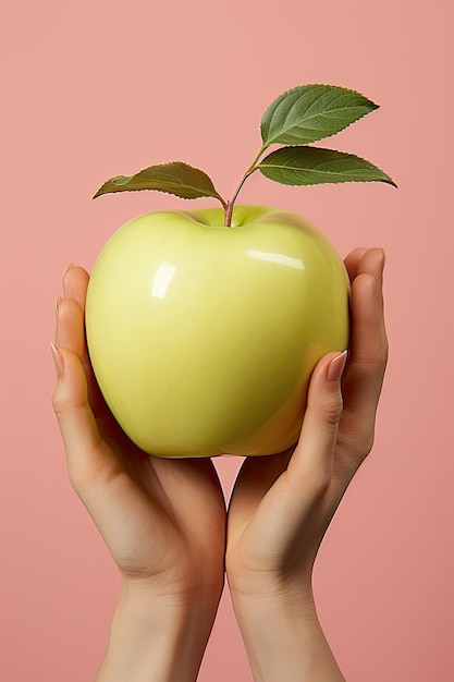 sluit omhoog een hand die een appelfruit op geïsoleerde achtergrond houdt