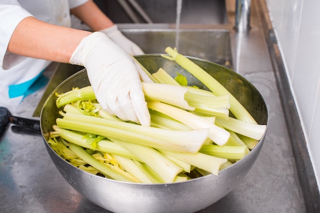 Sluit omhoog foto van de stokken van de selderij van de chef-kok