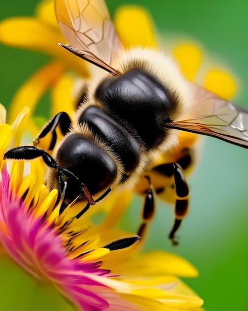 Sluit omhoog geschoten van bijen die bloem Generatieve AI bestuiven