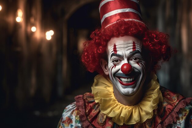 sluit omhoog glimlachende clown met rode neus die hoed draagt