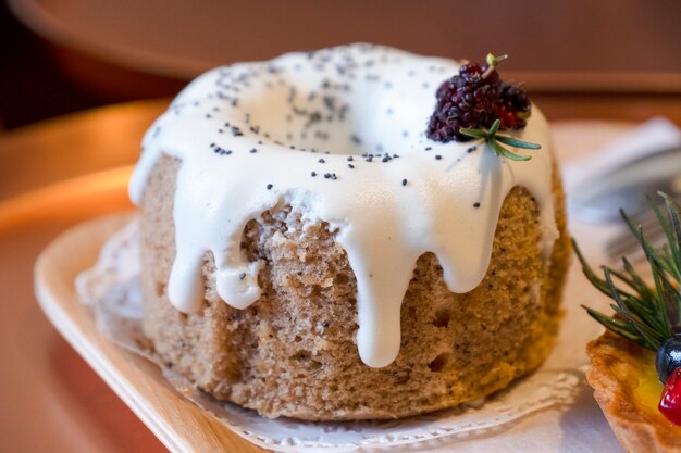 Sluit omhoog heerlijke cake met witte vanille en bosbes op bovenkant.