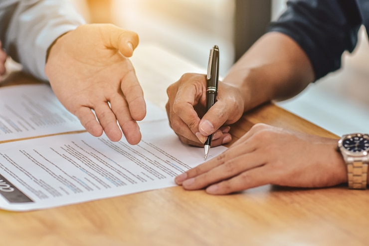 Foto sluit omhoog het contract van het de penteken van de handholding op document