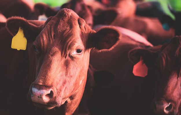 Sluit omhoog koegezicht. Veehouderij, fokken, melk en vleesproductie concept.