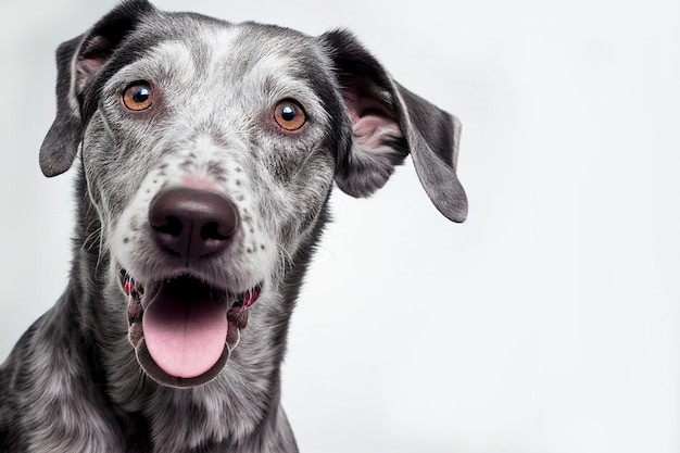 Sluit omhoog portret leuke grappige grijze hond die op geïsoleerde witte achtergrond glimlacht. Een prachtige hondenfoto