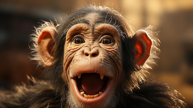 Sluit omhoog portret van een gelukkige nakomelingenchimpansee met een dwaze grijns met ruimte voor tekst