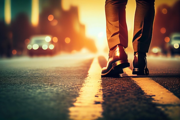 Foto sluit omhoog van de voeten van de mens die op de weg lopen bij zonsonderganggeneratieve ai