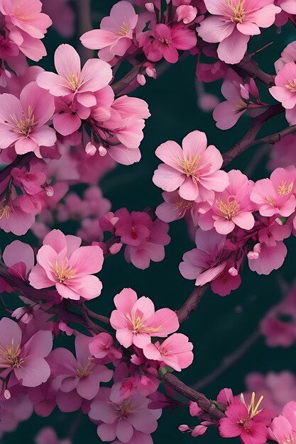 Sluit omhoog van een boomtak met roze bloemen generatieve ai