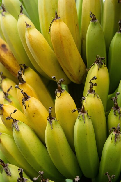 Sluit omhoog van een bos van groene en gele bananen