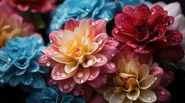 Sluit omhoog van een bos van heldere kleurrijke bloemen met waterdruppeltjes Calgary