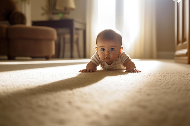 Sluit omhoog van een geïsoleerde baby die op de huisvloer kruipt