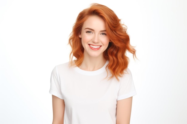 Sluit omhoog van een jonge vrouw die glimlacht en een wit t-shirt op een witte achtergrond draagt