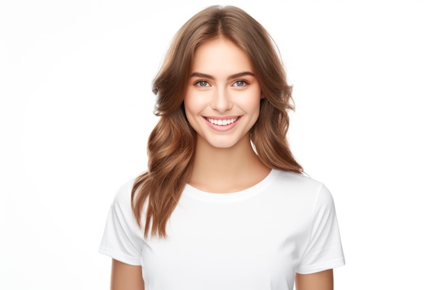 Sluit omhoog van een jonge vrouw die glimlacht en een wit t-shirt op een witte achtergrond draagt
