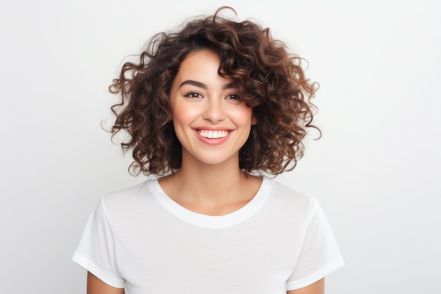 Sluit omhoog van een jonge vrouw die glimlacht en een wit t-shirt op een witte achtergrond draagt