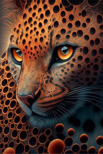 Sluit omhoog van een luipaardengezicht met oranje ogen generatieve ai