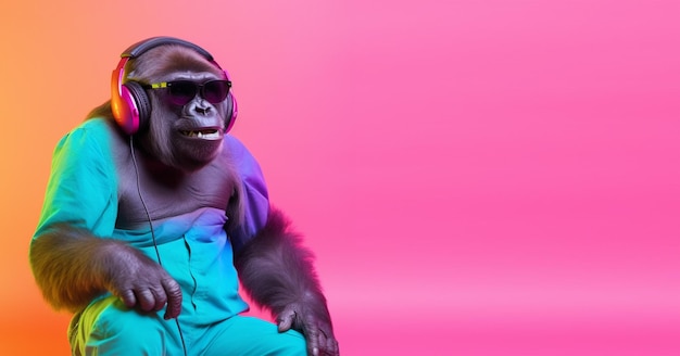 Sluit omhoog van gorilla die glazen en hoofdtelefoon draagt kleurrijke exemplaar ruimteachtergrond
