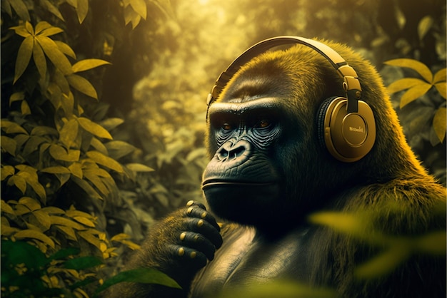 Sluit omhoog van gorilla met hoofdtelefoons generatieve ai