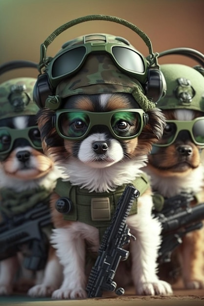 Sluit omhoog van hond die militaire uitrusting en generatieve ai van de helmbeschermbril draagt