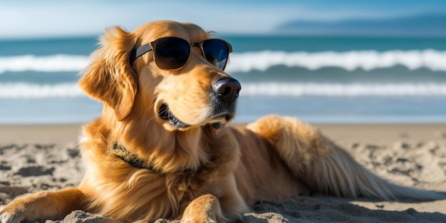 Sluit omhoog van hond die zonnebril draagt en op strand generatieve ai