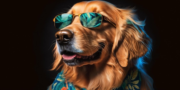 Sluit omhoog van hond die zonnebril en generatieve ai van de stijlstropdas van Hawaï draagt