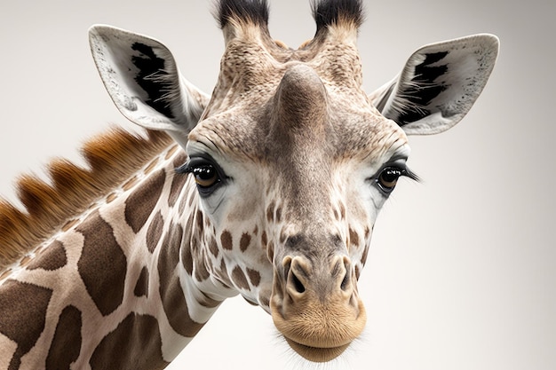 Foto sluit omhoog van nieuwsgierig kijkende giraffe in witte achtergrond generatieve ai aig16