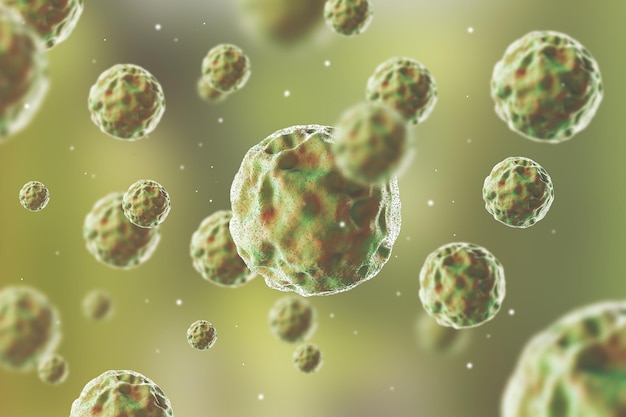 Sluit omhoog van ronde virussen tegen groene achtergrond. Concept van medisch en chemisch onderzoek. 3D-weergave