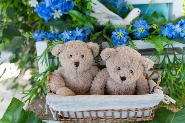 Sluit omhoog van teddybeer op de houten mand