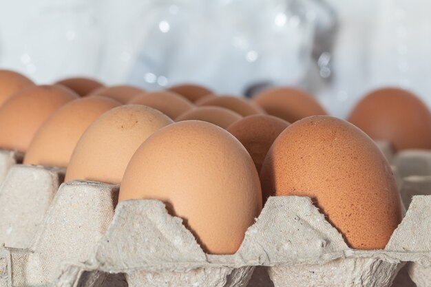 Sluit omhoog verse ruwe kippeneieren in eidoos