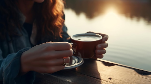 Sluiten van vrouw die bij het meer zit en een lading uit een glas koffie in de ochtend haalt Creatieve bron AI gegenereerd