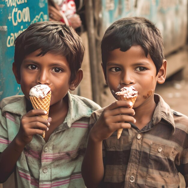 写真 アイスクリームを食べているスラム街の子どもたち