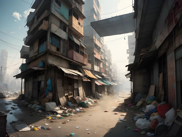 スラム街の貧困環境と多くの汚いゴミやジャンク