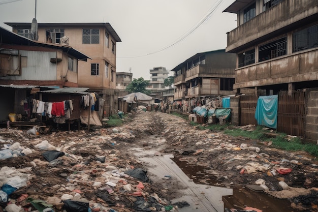 Slum community with litter and trash covering the ground