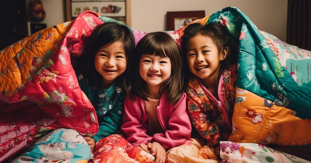 Slumber party timeless childhood tradition Little Girls relaxing on bed Slumber party concept Girls just want to have fun Invite friend for sleepover Best friends forever Consider theme slumber party