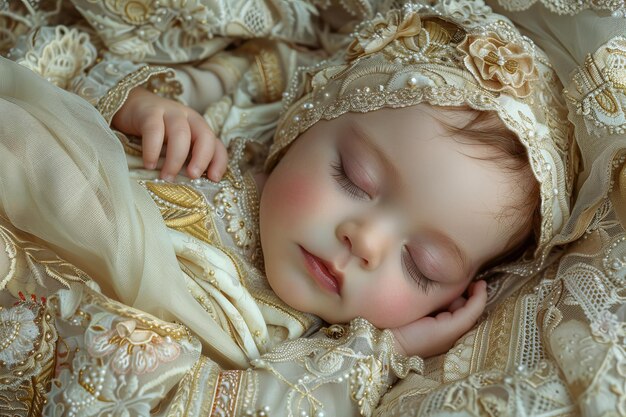 Photo slumbering infant wrapped in ornate golden textiles