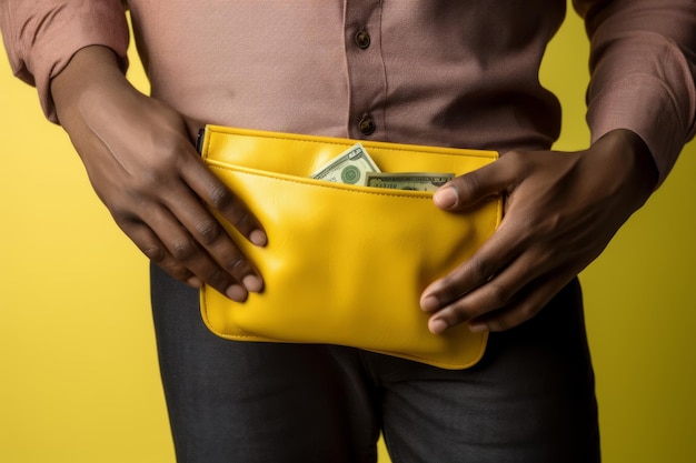 Photo sly african american pickpocket counting cash in a wallet under yellow studio lights