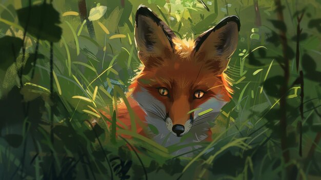 A sly fox sneaking through a thick forest its eyes gleaming with mischief AI generated illustration