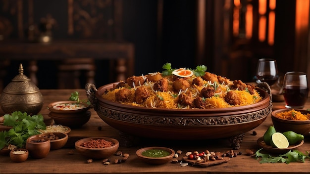 smaak en cultureel erfgoed als Hyderabad Biryani neemt het midden van het podium op een prachtig gerangschikt woode