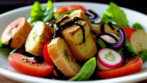 Smaak van de verfrissende zomer Panzanella salade met balsamische glazuur