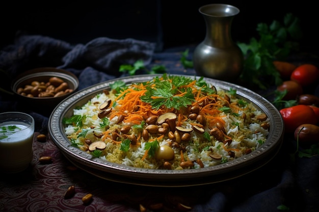 smaakvolle en aromatische paddenstoel biryani versierd met gebakken uien