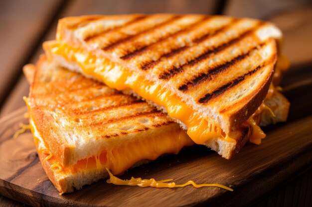 Foto smaakvolle gegrilde hot cheese sandwich op een rustiek houten plank generatieve ai