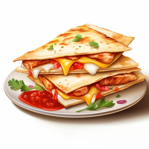 Foto smaakvolle kippen quesadilla met salsa voedsel pictogram illustratie kunst witte achtergrond geïsoleerd