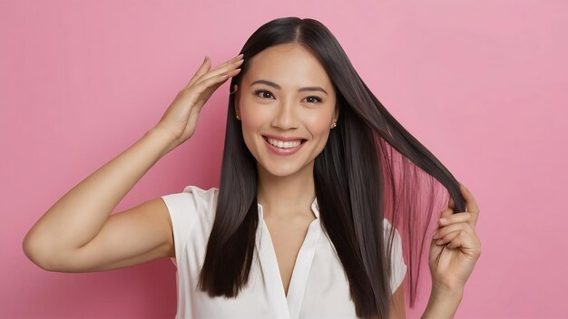 Photo smailing happy woman touches her straight shiny hair