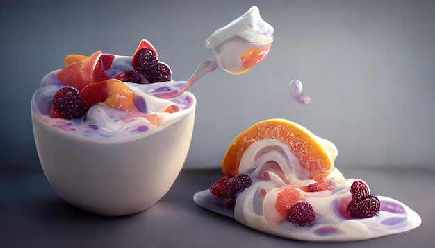 Smakelijk dessert met ijs met fruit en bessen 3d illustratie