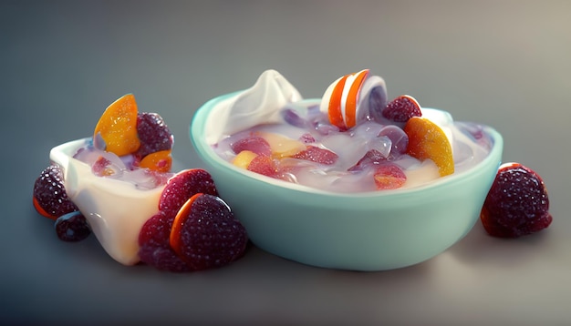 Smakelijk dessert met ijs met fruit en bessen 3D illustratie