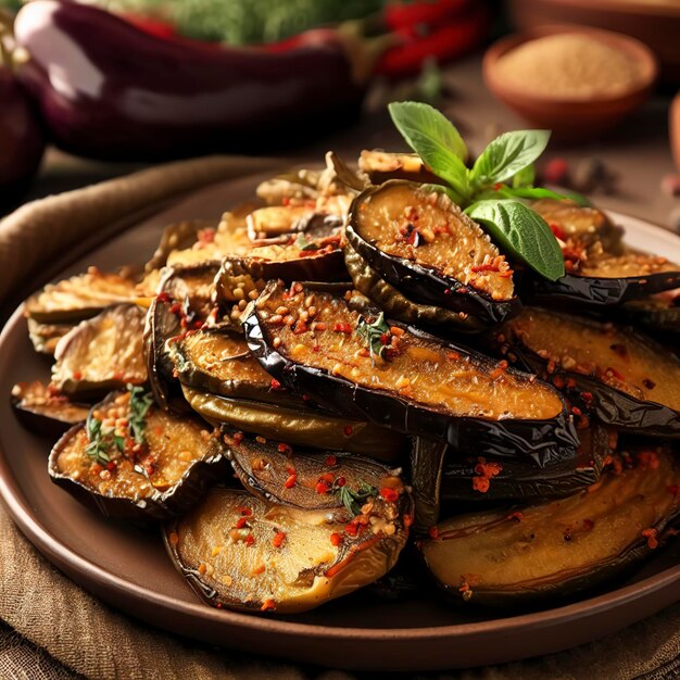 Smakelijk gebakken aubergine met specerijen en kruiden op een bord op tafel