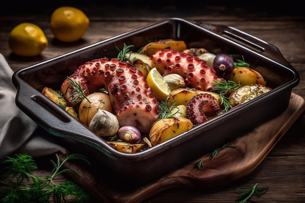 Smakelijk gebakken octopus met aardappelen en groenten generatieve ai