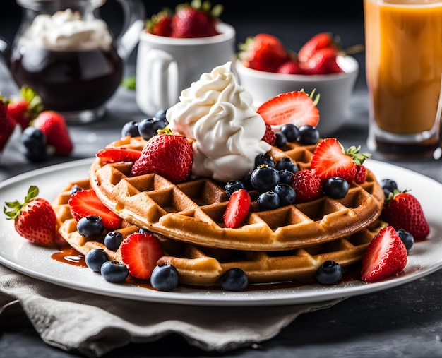 Smakelijk mooie wafels met slagroom, aardbei en andere bessen op een bord dessert food foto