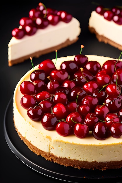 Smakelijk plakje cherry cheesecake lowkey zwarte achtergrond