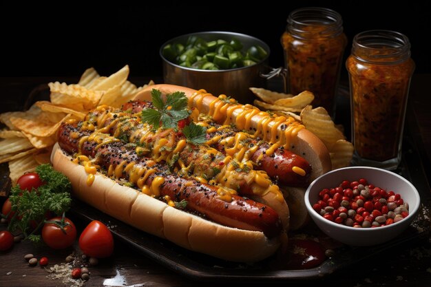 Smakelijk tafereel, sappige hotdogs en gouden aardappelen generatieve IA