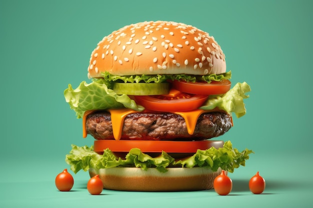 Smakelijke burger op minimale rode en gele achtergrond AI generatief