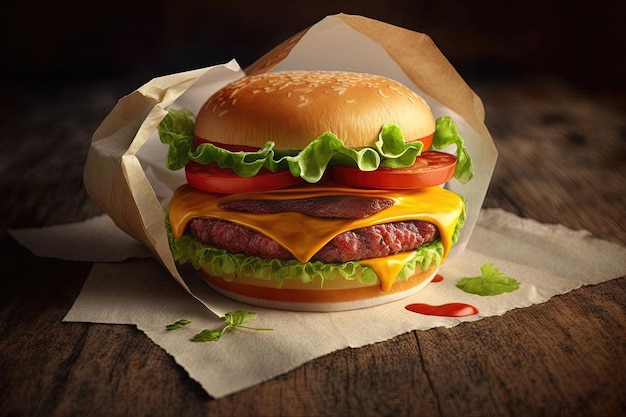 Smakelijke cheeseburger op een houten tafel Sappig en heerlijk design fastfood en comfort food hamburgerliefhebbers voedselfotografie Hoge resolutie Generatieve AI